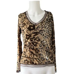 Vintage Y2K Papillon Blanc Long Sleeve Top Brown Floral Velvet V Neck